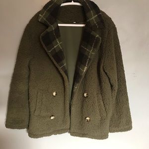 Army Green plaid teddy coat